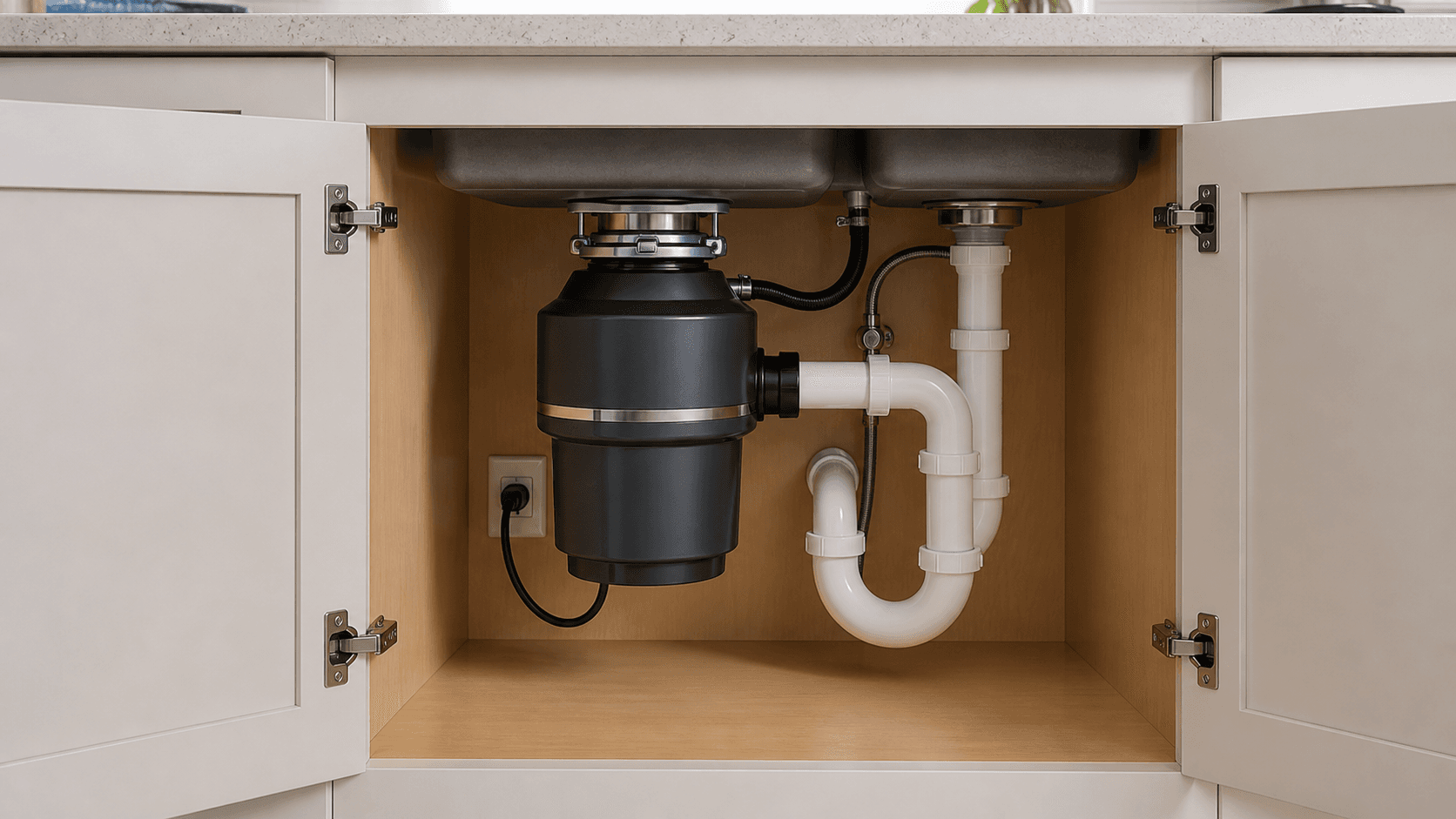 New garbage disposal installed under a kitchen sink