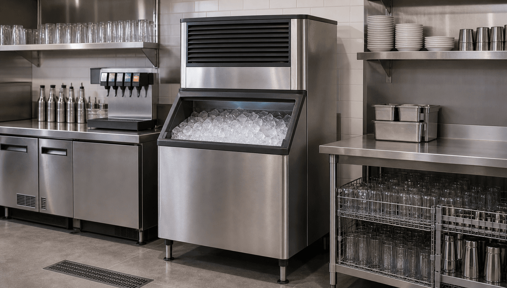 Commercial kitchen area for ice maker repair
