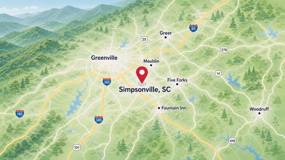 Map of Simpsonville SC appliance repair service area
