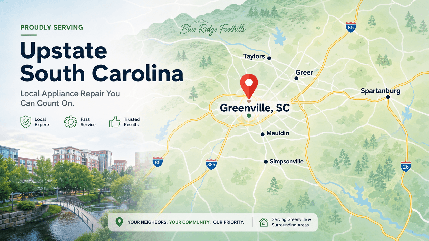 Map of Greenville SC appliance repair service area
